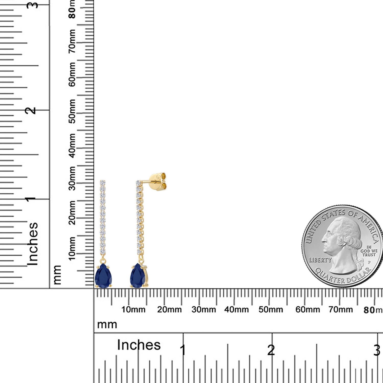 14K Yellow Gold Blue Sapphire and White Lab Grown Diamond Long Liner Dangle Earrings for Women | 2.14 Cttw | Gemstone September Birthstone | Pear Shape 7X5MM | White Gold Chain Drop Earrings