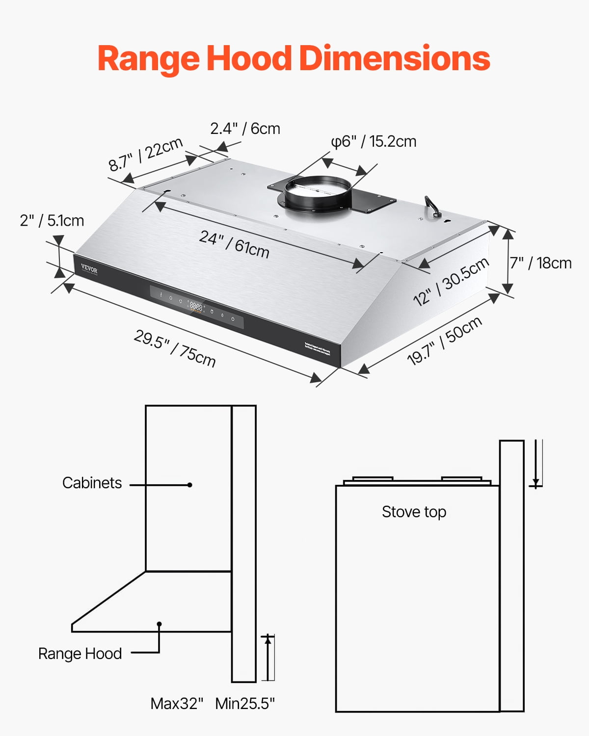 VEVOR Under Cabinet Range Hood, 30 Inch Kitchen Vent Hood, 900CFM Dual Motors Stainless Steel Stove Hood, with Gesture & Touch Control, LED Light, and 4-Speed Exhaust Fan