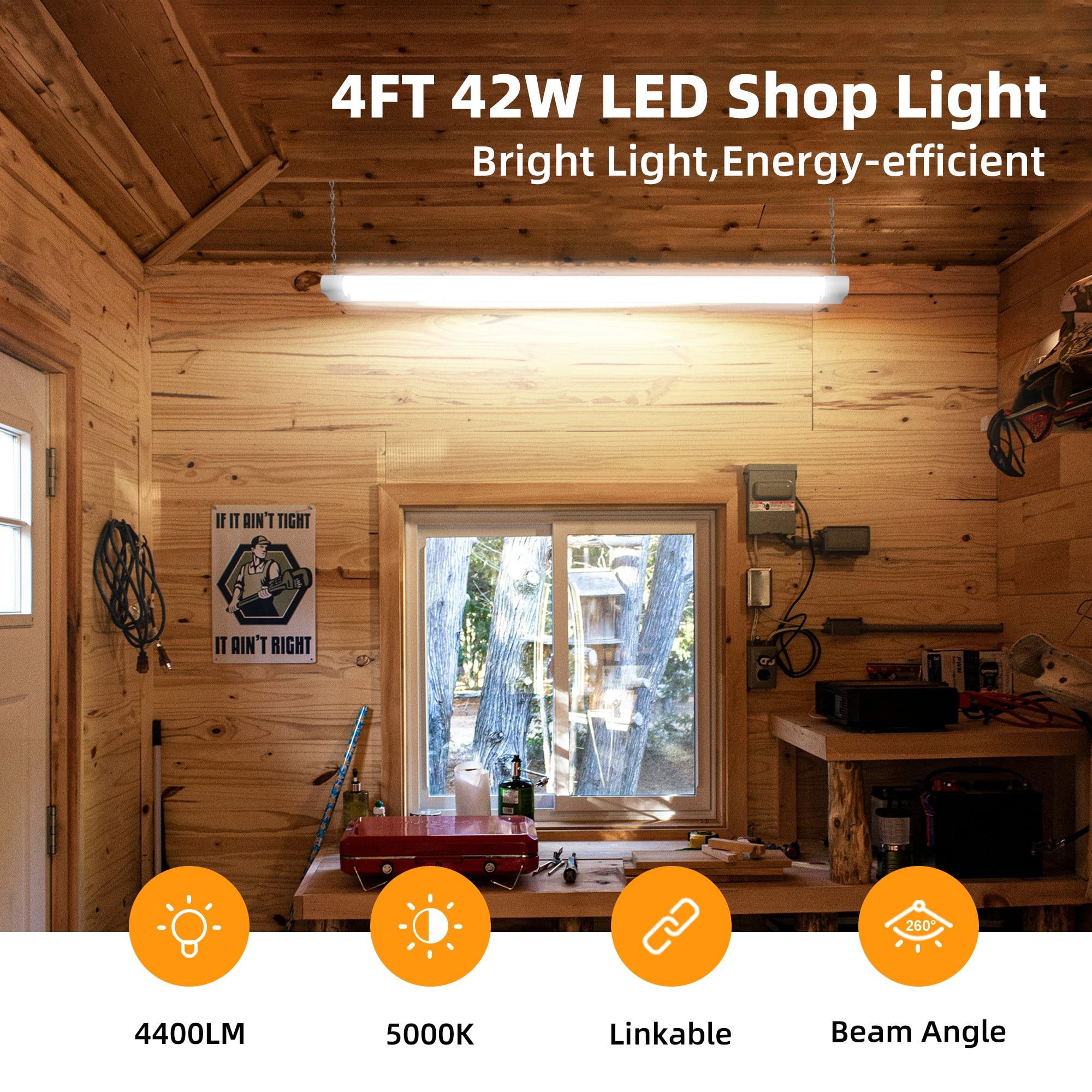 Hlite 2 Pack Linkable 4FT LED Shop Light, 42W 4400LM 5000K Daylight, Ultra Bright Utility Light for Garage, Workshop,ETL Listed (White)