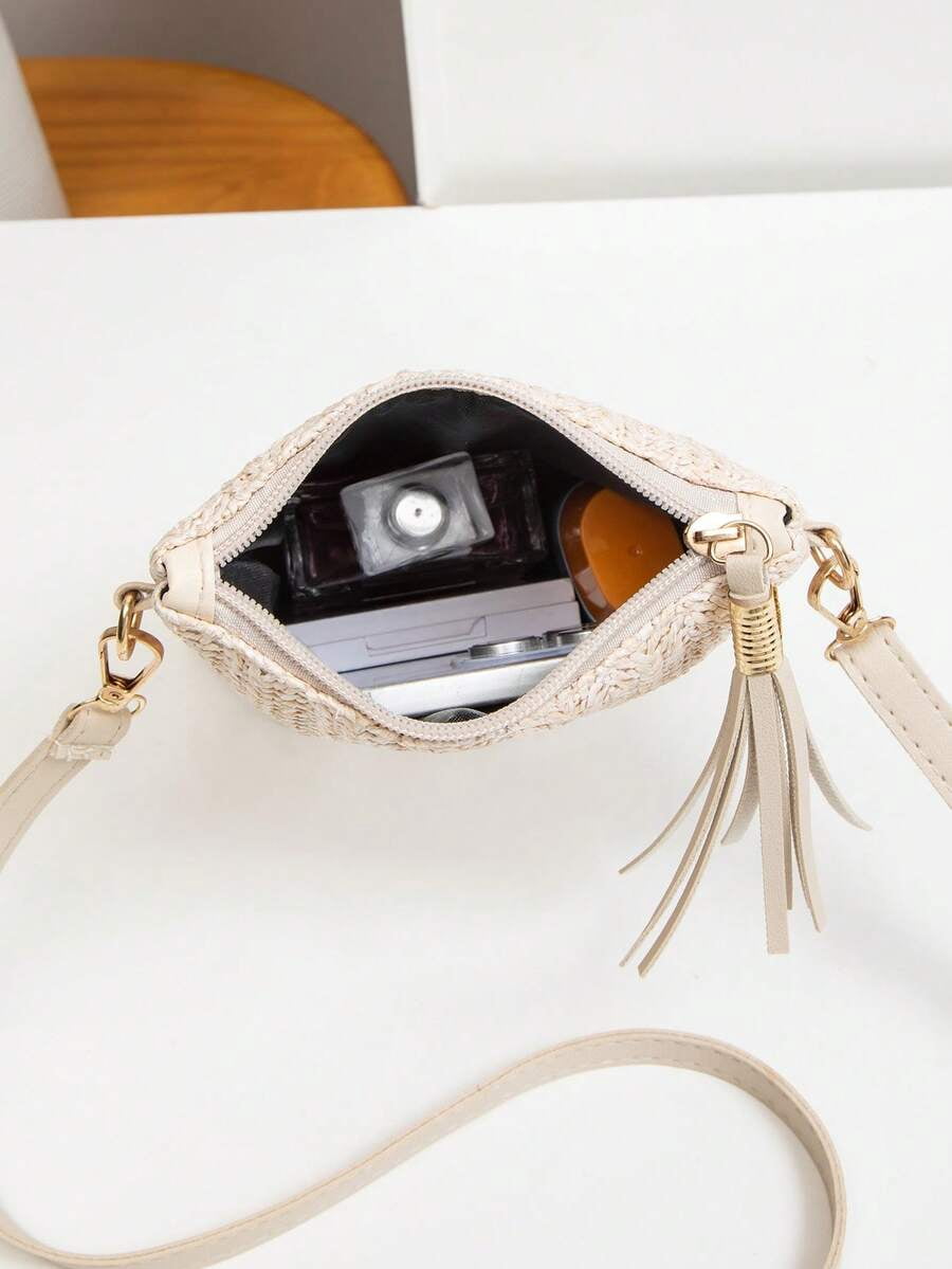Mini Crossbody Bag For Women, Handwoven Cross-Body Bag, Solid Color Portable Handbag, French Casual Tassel Decor Bag, Large Capacity Multi-Function Zipper Shoulder Strap Bag, Travel Shopping Bag