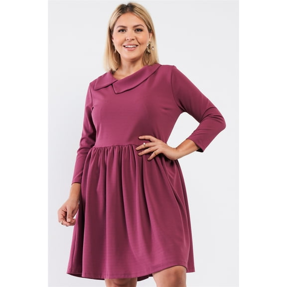 Plus Pleated Preppy Fit & Flare Long Sleeve Asymmetrical Peter Pan Collar Mini Dress 1XL