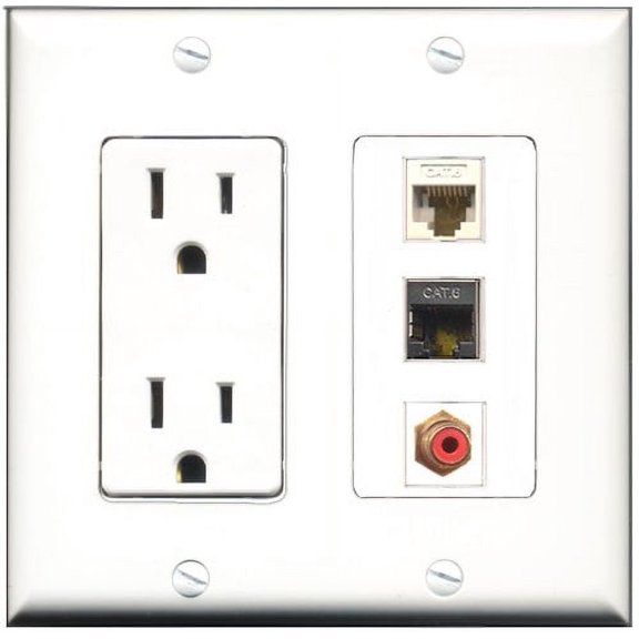 RiteAV - 15 Amp Power Outlet 1 Port RCA Red 1 Port Shielded Cat6 Ethernet Ethernet 1 Port Cat6 Ethernet Ethernet White Decorative Wall Plate