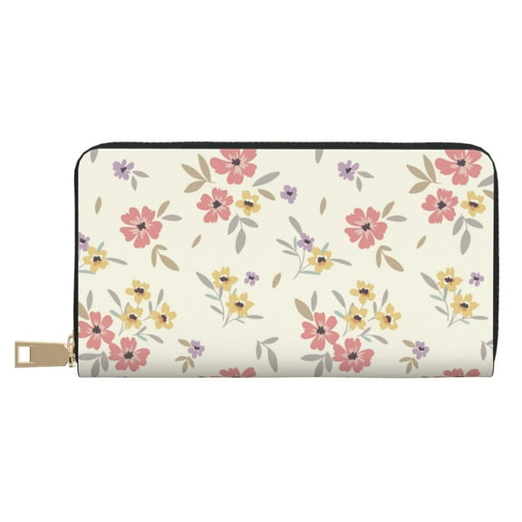 Leather Thin Slim Wallets for Women Men - Floral print B Clutch Card Wallet for Women Men with Zipper