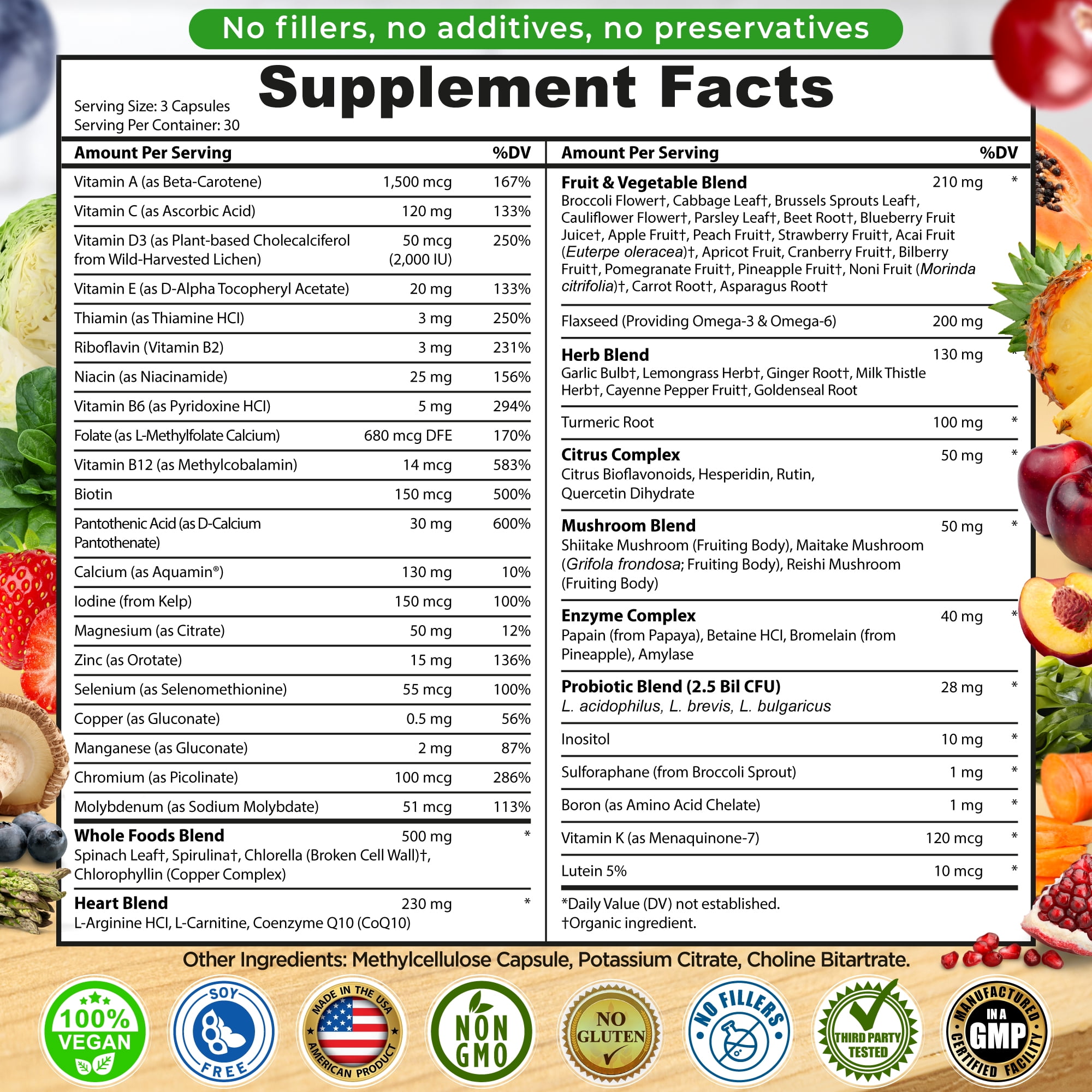 Vegan Whole Food Multivitamin (no Iron) for Women & Men's Optimal Support, Supplements Studio, 90Ct