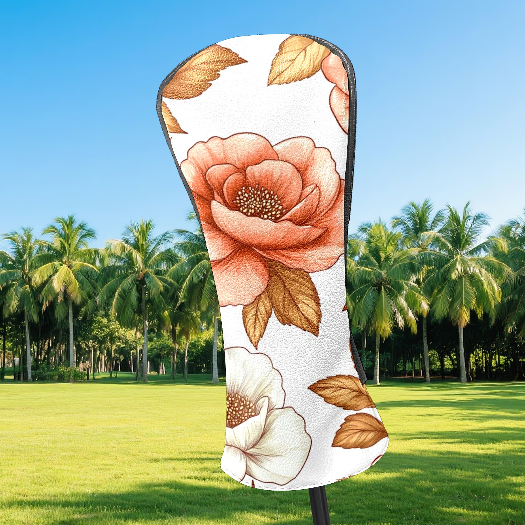 Golf Club Head Covers - Peony Design, PU Leather, Waterproof, Fits Fairway Woods/Hybrid, Unisex, Fits Most Brands