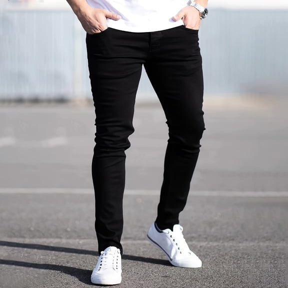 Spring Mens Black Blue Pants Pure Color Stretch Jeans Street Casual Slim Fit Trousers Male Vintage Wash Skinny Jeans for Men