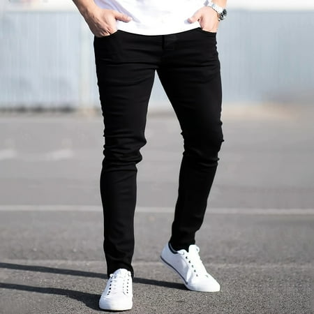 Spring Mens Black Blue Pants Pure Color Stretch Jeans Street Casual Slim Fit Trousers Male Vintage Wash Skinny Jeans for Men