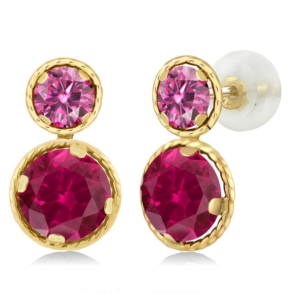 Gem Stone King 14K Yellow Gold Red Created Ruby and Pink Moissanite Earrings for Women (2.46 Cttw, Gemstone July Birthstone, Round Cut 6MM and 4MM)
