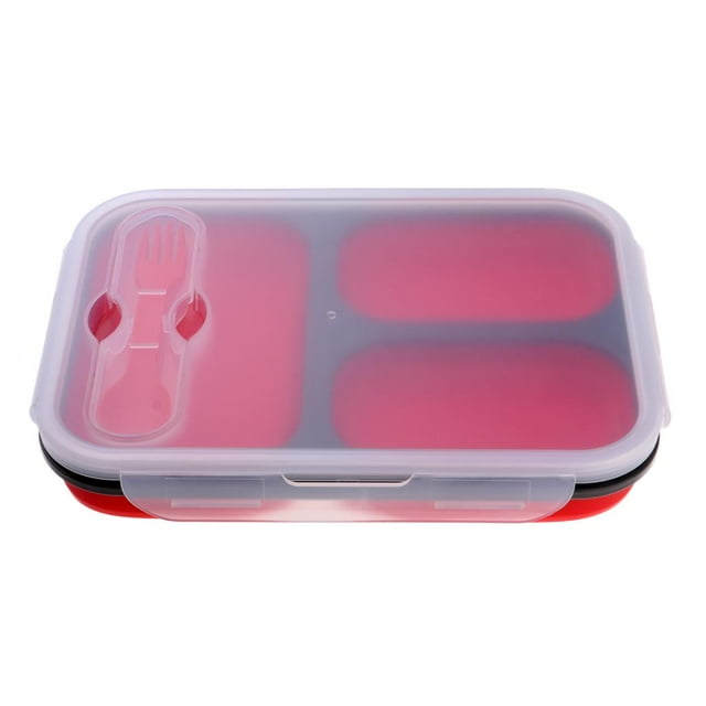 recipiente de almacenamiento de alimentos soledad bento plegable a prueba de rojo 2 cuadrícula 600 ml 400 ml, vista cenital frontal de fiambrera plegada roja con tapa translúcida y cierre lateral; se ven dos compartimentos interiores y cavidad para spork integrado en la tapa; compacto, ideal para llevar al trabajo o la escuela.