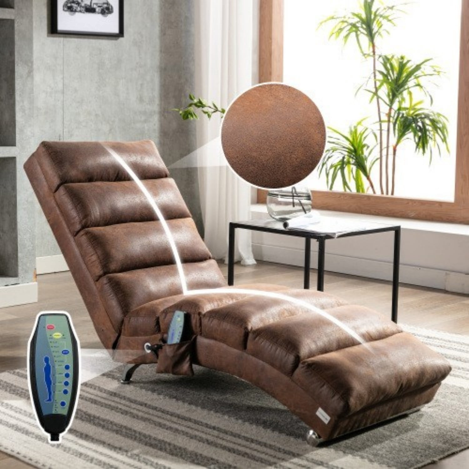 Upholstered Chaise Lounge Chair with Vibration, Modern Fabric Leisure Recliner with Ergonomic Fixed Back, Side Pocket & Lumbar Pillow, 300 lbs Capacity, Coffee