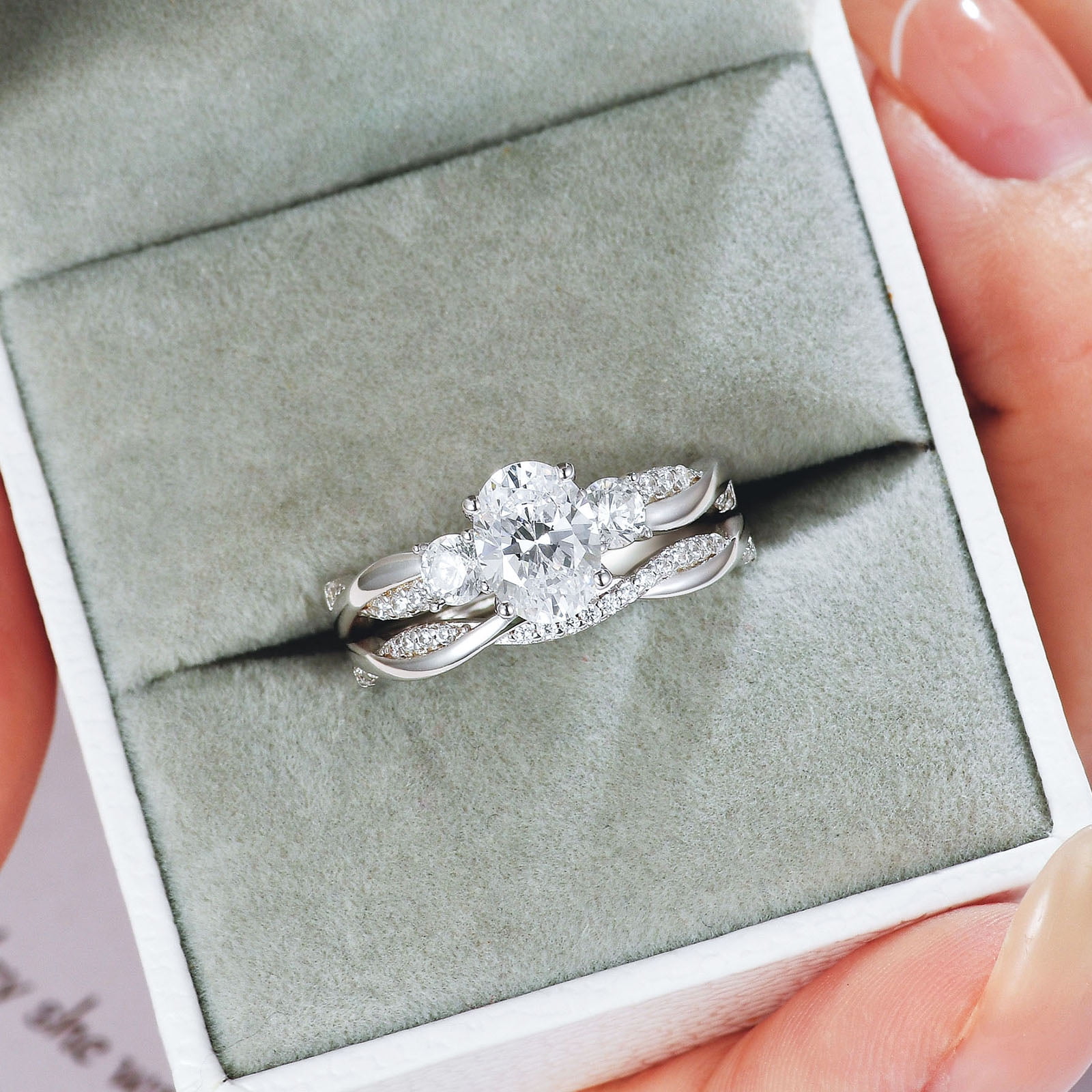 Wuziwen 2 Ct Oval Three Stone Wedding Ring Sets Infinity Bands 925 Sterling Silver Rings for Woman Cz Size 6
