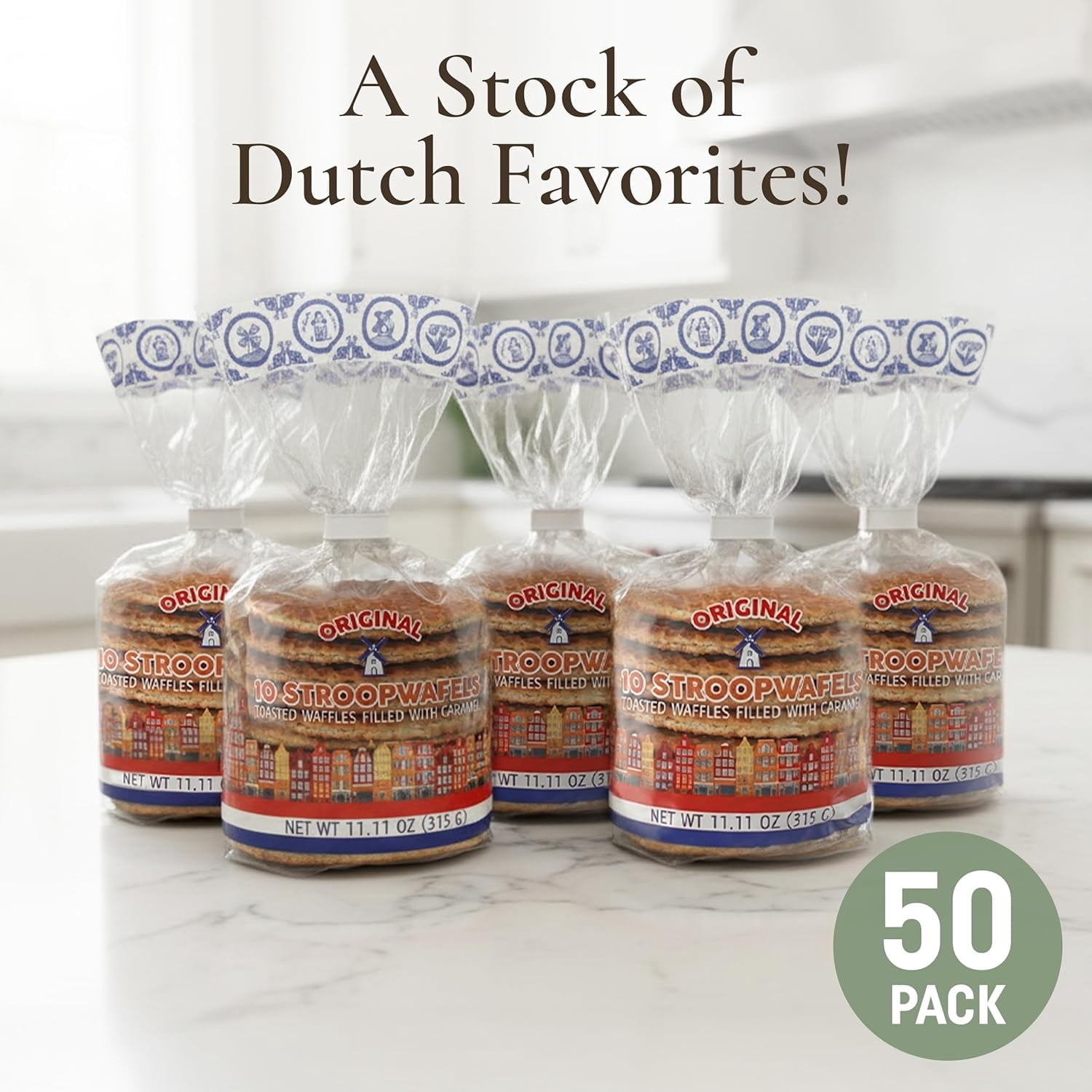 Le Chic Patissier 50 Caramel & Vanilla Stroopwafels Soft Toasted Pack of 5 (11.11oz each) Original Dutch Caramel Waffle Recipe non-GMO perfect snack biscuit
