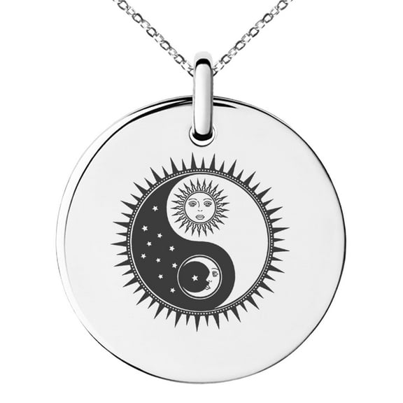Tioneer Stainless Steel Sun & Moon Yin Yang Engraved Small Medallion Circle Charm Pendant Necklace