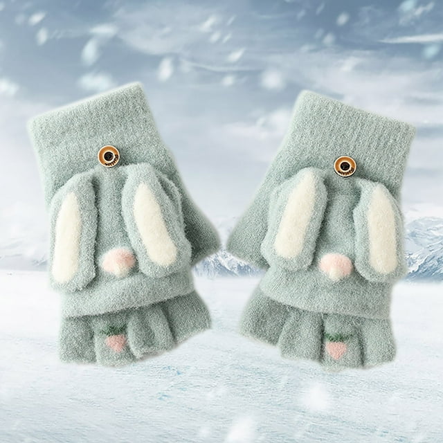 Warm Winter Outdoor Toddler Knitted Half Finger Mitten Cute Long Eared Rabbit Kids Girl Gloves