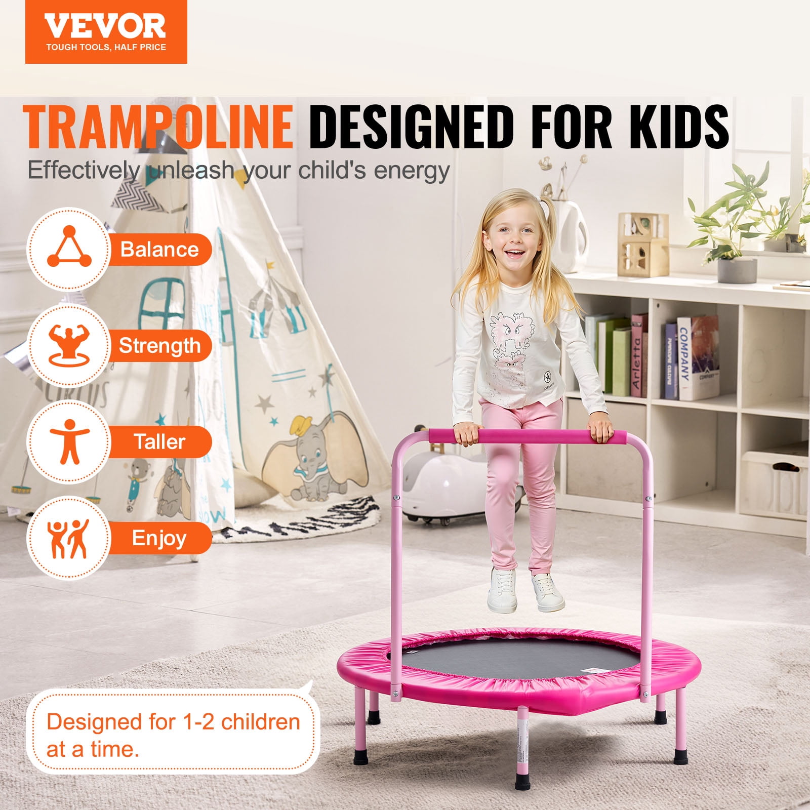 VEVOR 36" Kids Trampoline, 3FT Indoor Outdoor Trampoline, Foldable Mini Trampoline with Handle, Rebounder Trampoline for Toddlers, Birthday Gift for 3+ Years Children, Boys Girls for Fun, Pink