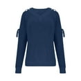 thumbnail image 5 of Htigea Womens Cold Shoulder Lace Up Sweaters Solid V-Neck Long Sleeve Pullover Side Split Knitted Sweater Jumper Navy L, 5 of 7