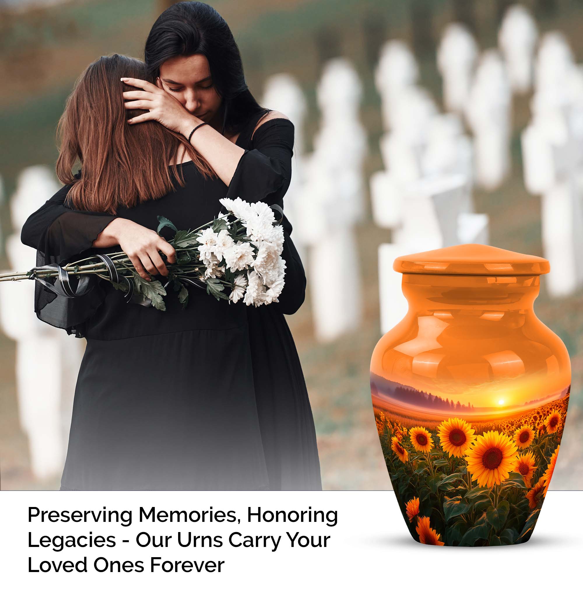 Sunflower Urns For Human Ashes Adult Man, Orange Decorative Urn For Ash Adult Male - 1 Large 10 Inch, Sunset Funeral Cremation Urn For Ashes For Women - 3 Inch Small Set Of 4