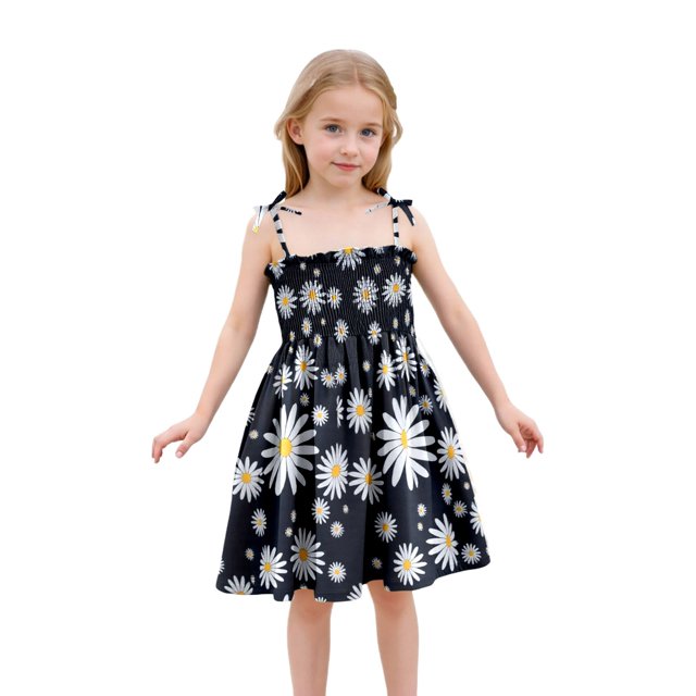 Robe Bébé Fille Été Imprimé Floral Robe à Bretelles Légère Décontractée avec Attaches Réglables pour Plage Robes Bébé Noir 18 Mois-24 Mois