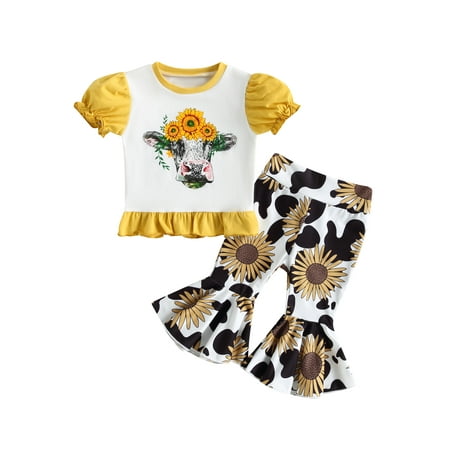 

Bagilaanoe 2pcs Toddler Baby Girl Long Pants Set Sunflower Print Short Sleeve T-shirts Tops + Flare Trousers 6M 12M 18M 24M 3T Kids Casual Outfits