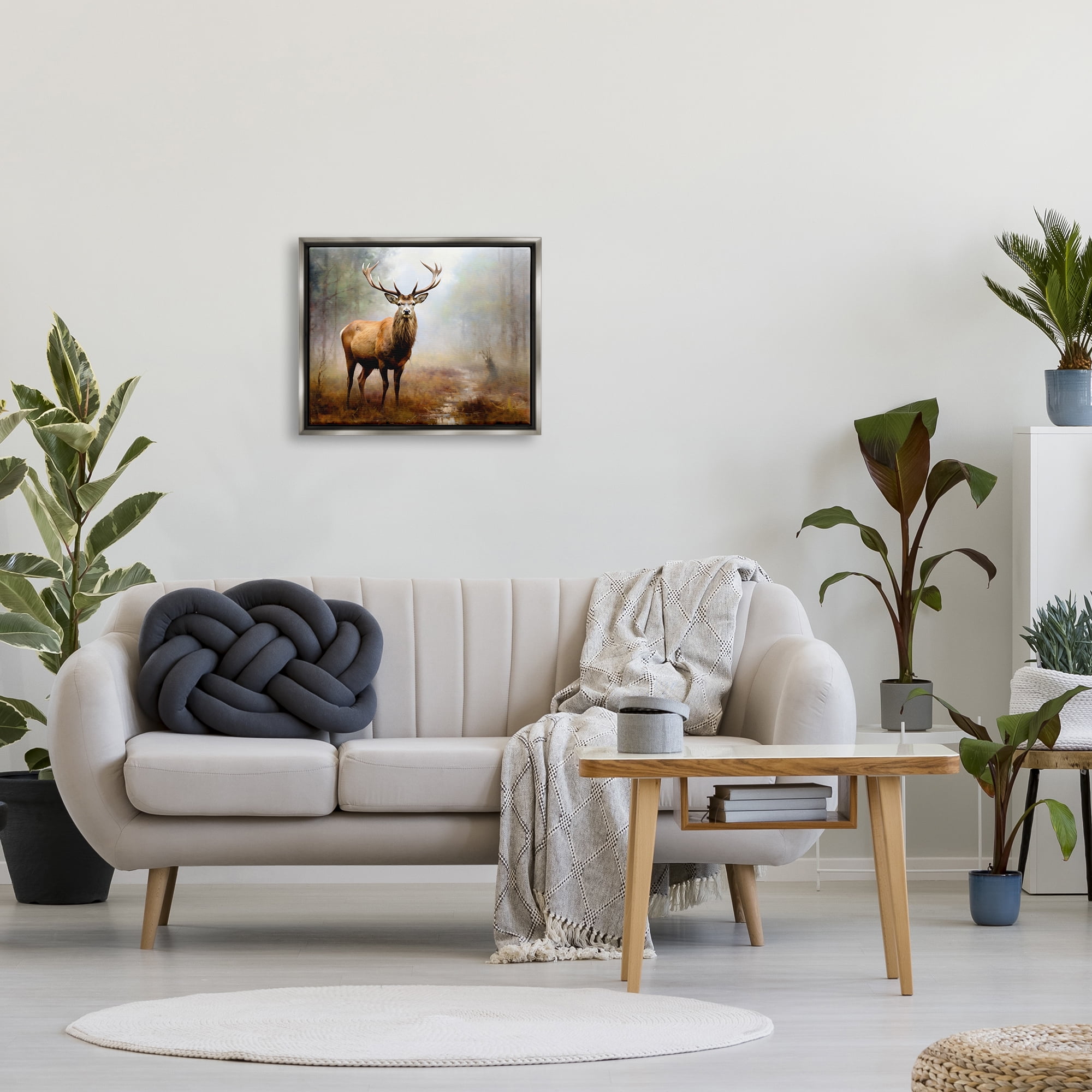 Stupell Industries Deer Woodland Trees Animals & Insects Painting Gray Floater Framed Canvas Art Print Wall Art, 21 x 17