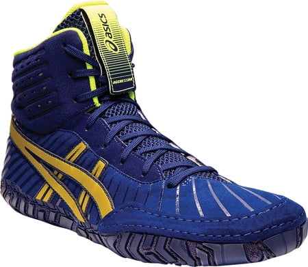 blue and yellow asics wrestling shoes