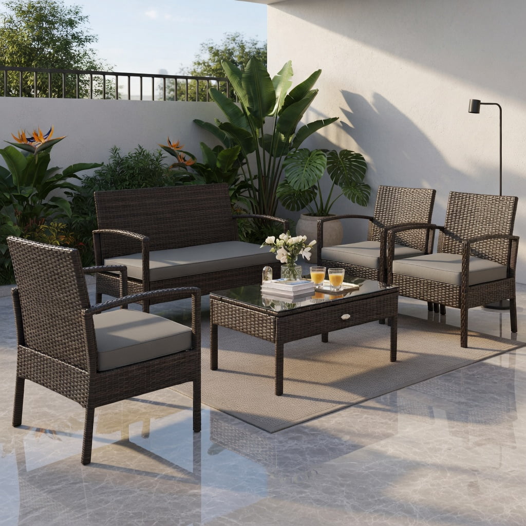 Hommoo 4-Piece Outdoor Rattan Patio Furniture Set, PE Wicker Loveseat, 2 Armchairs, and Coffee Table with Removable Cushions, Brown