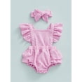 thumbnail image 2 of Baby Girl Square Neck Fly Sleeve Solid Color Elastic Waist Bodysuit Romper Bow Hairband, 2 of 9
