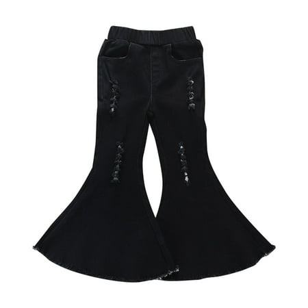 

Kids Toddler Girl Denim Bell Bottom Pants Black Ripped Pants Fashion Leisure Style Tight Denim Stretch Children Pants Child Kids Baby Clothing Dailywear
