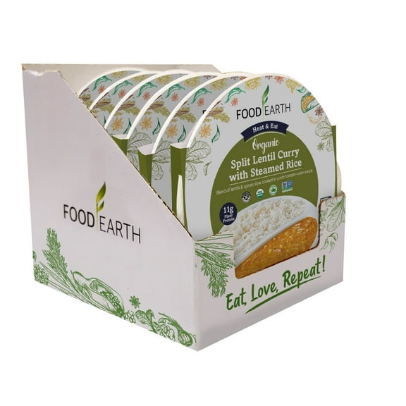 Food Earth - Organic Split Lentil Curry with Steamed Rice Ready to Eat Indian Meal , 100% Organic, Vegan, Gluten-Free, Heat & Serve,10.58 oz, 6 units Shelf Stable