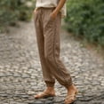 thumbnail image 3 of Women's Linen Pants with Pockets Side Lace Trim Trendy Beach Vacation Casual Trousers Elastic Bottom (L, Khaki), 3 of 7
