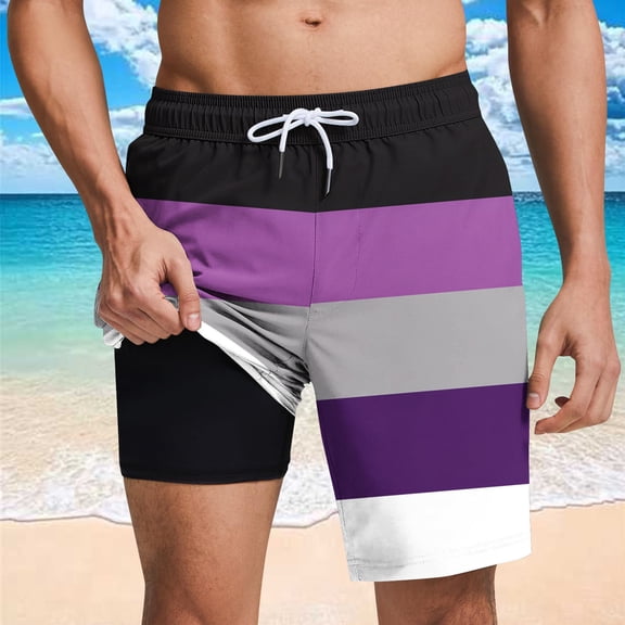 Fnnxeal Mens Swim Trunks with Liner - Quick Dry Striped Purple Board Shorts for Beach & Pool,Size 2XL