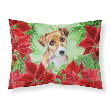 Jack Russell Terrier 2 Poinsettas Fabric Standard Pillowcase