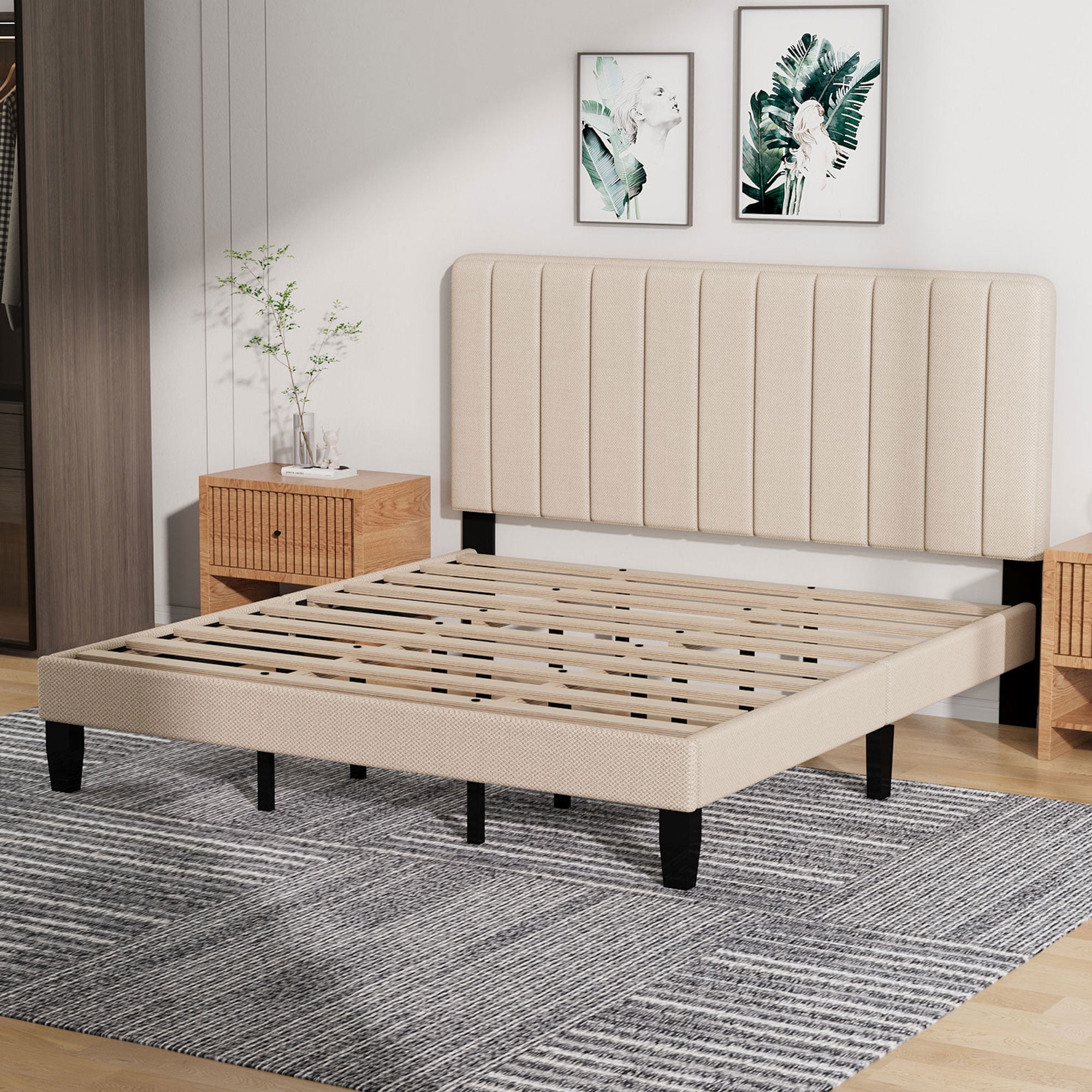 Pingliang Home King Size Bed Frame with Adjustable Upholstered Headboard&Wood Slats Support,Beige