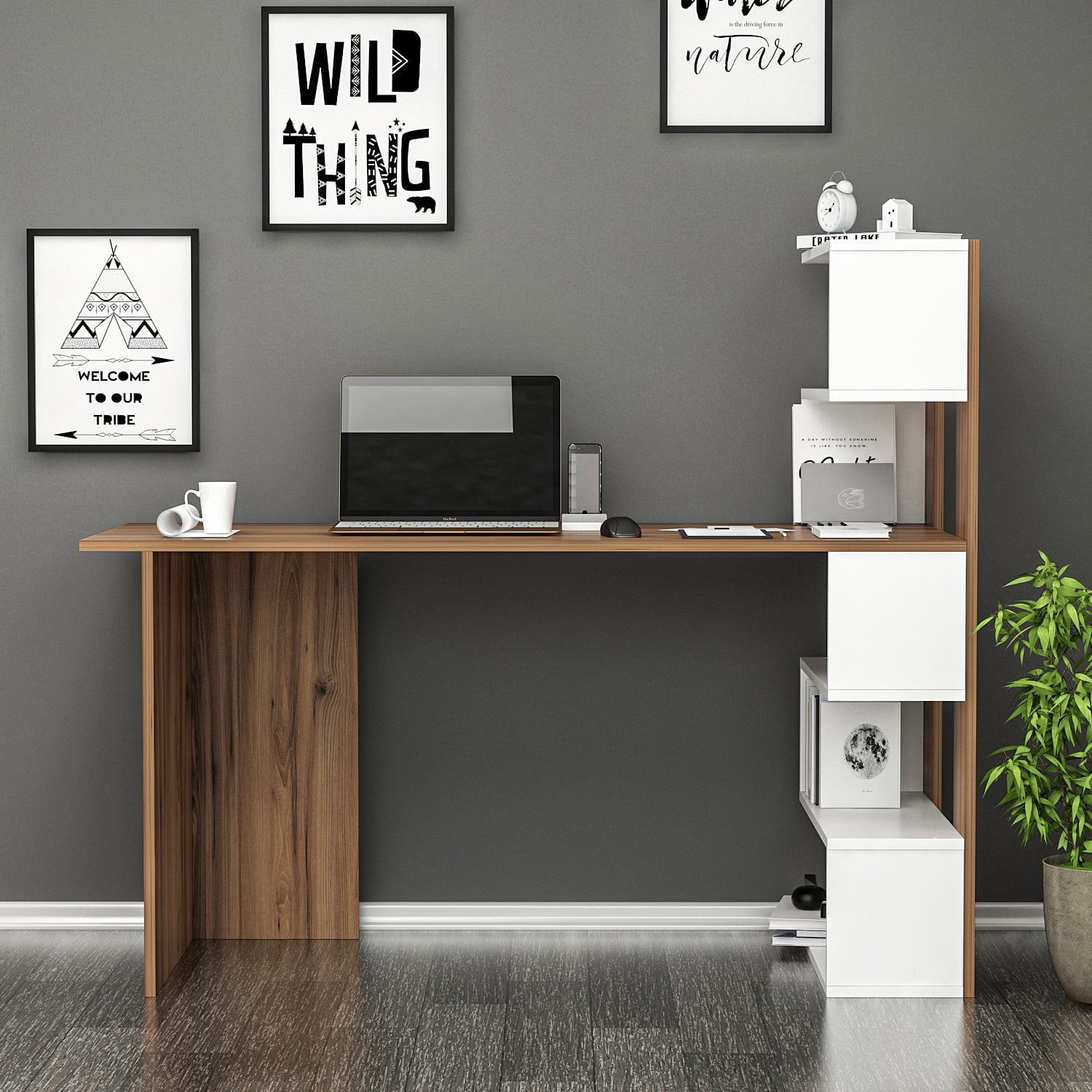  HM&DX Home Office Computer Desk with Hutch,Wood Writing Desk  Study Desk with Drawers,Modern Furniture Wooden Desk with Open Storage  Cubby,Study Table Computer Desk Makeup Workstation : Home & Kitchen