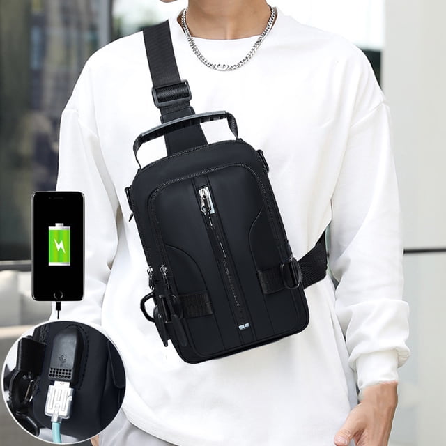 Bolso Bandolera Impermeable Cruzado para Hombro Tote Mochila, Riñonera de Poliéster con Puerto de Carga, 23x15x5cm, Gris Negro Azul Verde Bolso Bandolera Cruzado de Pecho Impermeable de Poliéster,