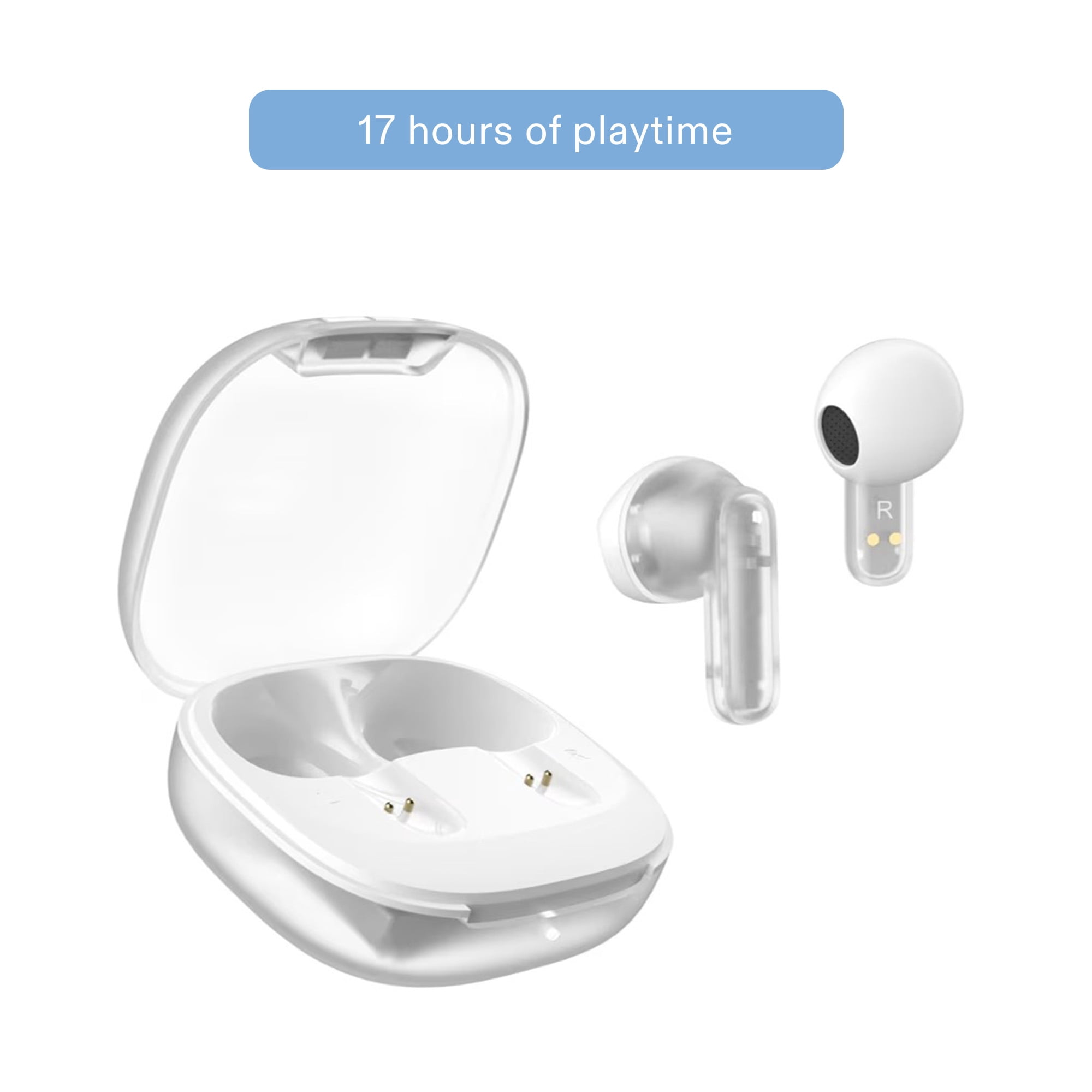 onn Mini Sticks Clear and White Wireless Bluetooth Earbuds with Environmental Noise Canceling