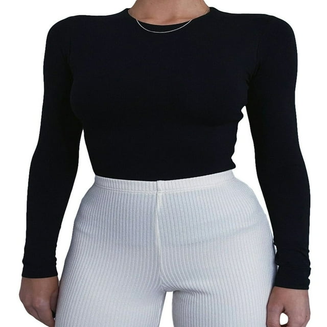 Femmes Chemise à Manches Longues Slim Fit Cou Basique Pull Tops