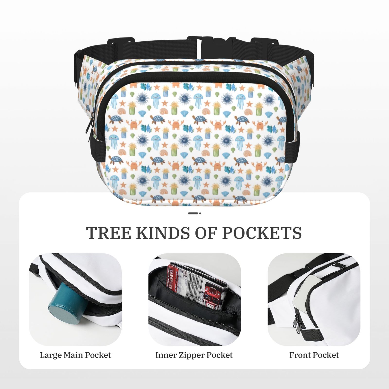 Picia Undersea Animals Print Square Double-Layer Waist Bag Mini Adjustable Waist Belt Bag Exercise Running Travel Hiking
