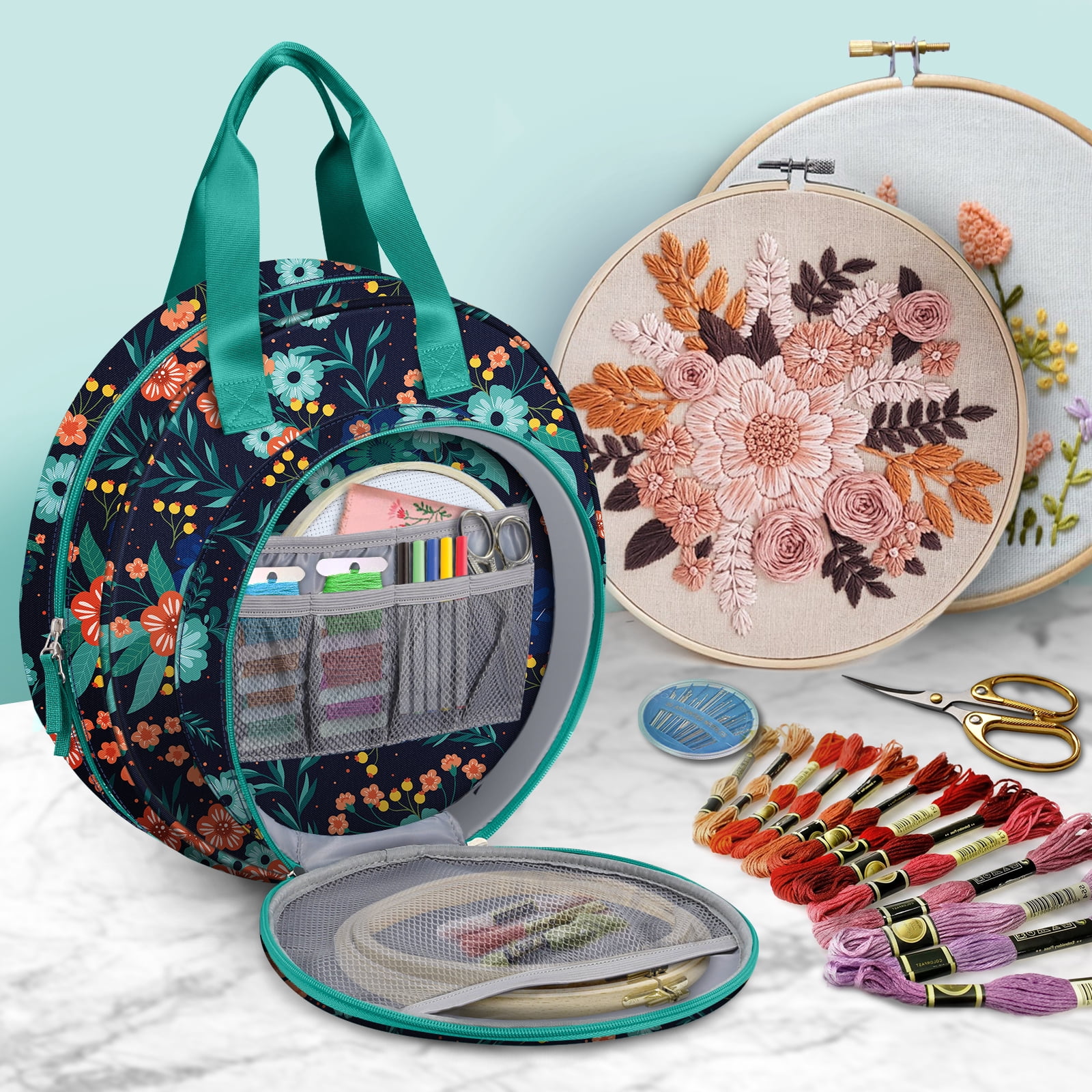 FINPAC Embroidery Project Bag, Embroidery Supplies Storage Carrying Tote Case with Multiple Pockets for Embroidery Floss, Embroidery Hoops, Thread, Stitch Tools Kit, Navy Bloom (Carrying Case only)