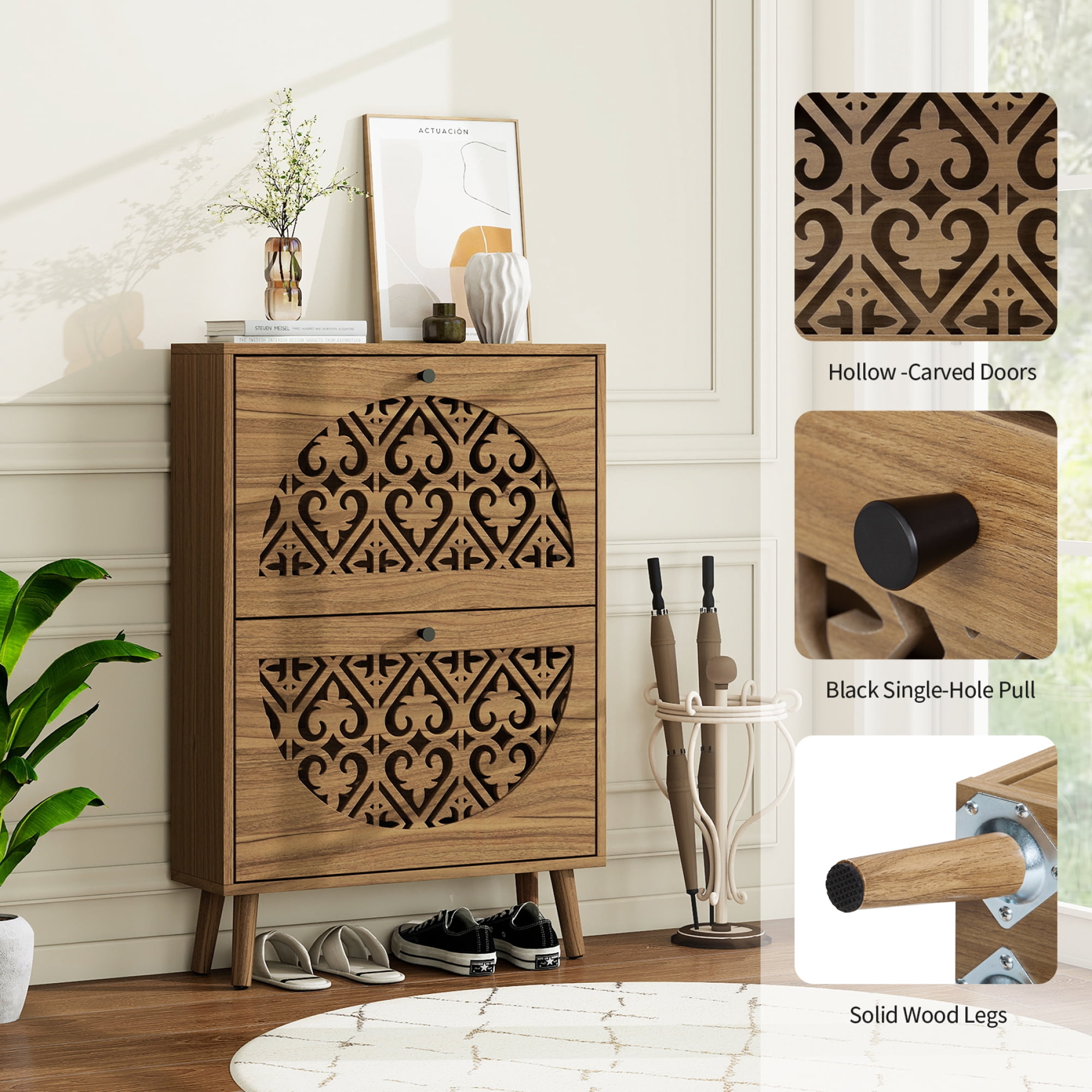 Leumius Narrow Shoe Cabinet with 2 Flip Drawers, Carved Floral Pattern Wooden Shoe Storage Organizer, Freestanding Hidden Shoe Rack for Entryway Hallway Living Room Walnut
