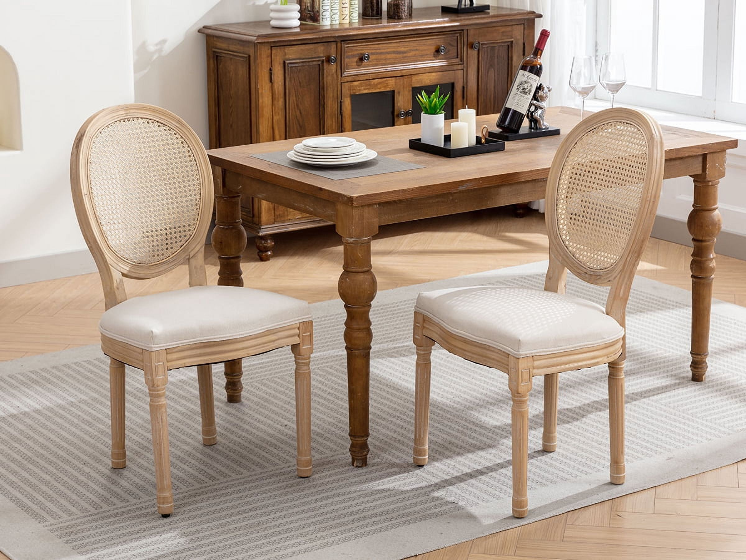 French Country Dining Chairs Set of 2, Cream Kitchen & Dining Room Chairs Set of 2, Ivory Rattan Dining Chairs, Cane Back, Wood Legs, Sillas De Comedor (Rattan, Beige, 2Pcs)