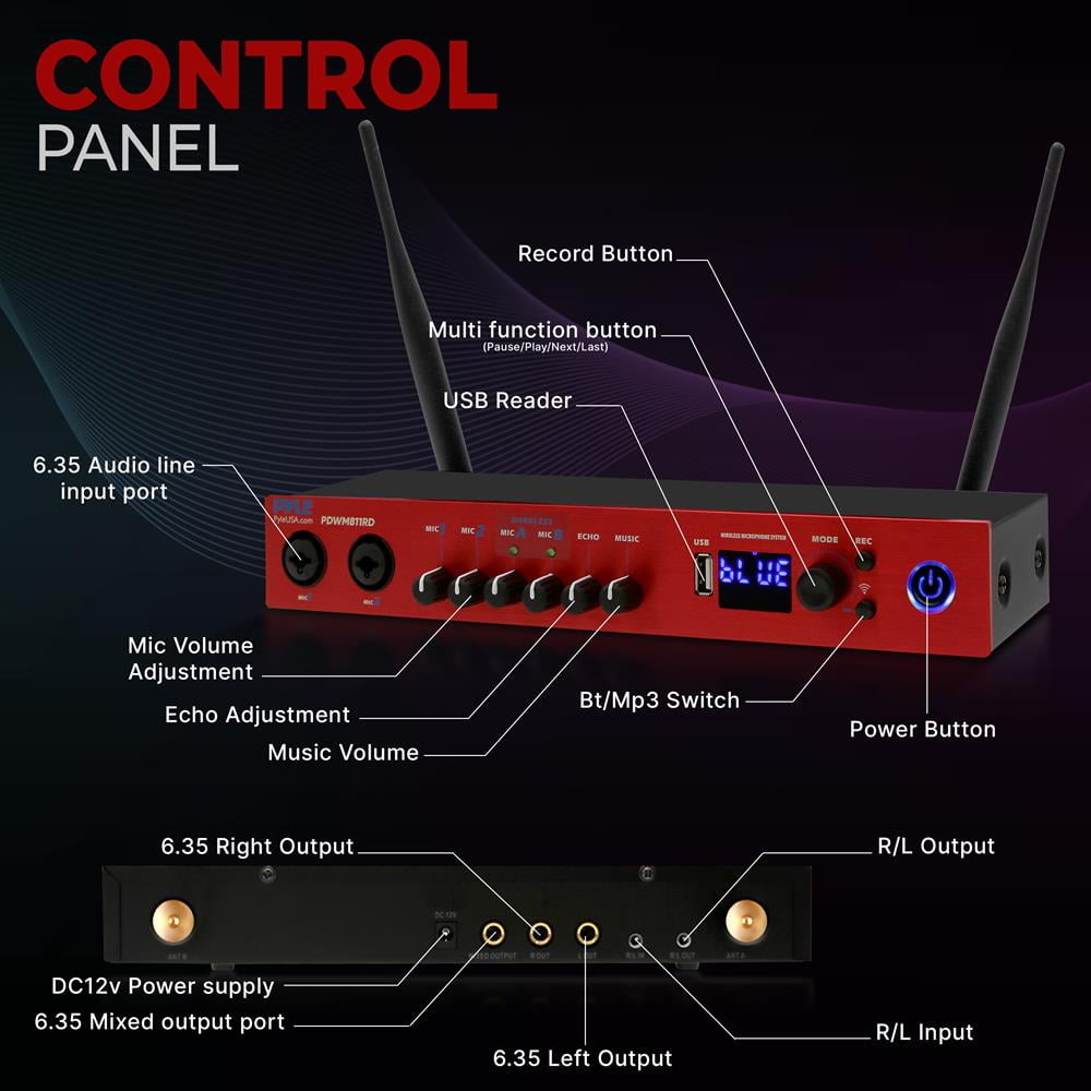 Pyle UHF Wireless Microphone System - Portable Digital Audio Sound Mixer Receiver w/ Bluetooth, 2 Handheld Mic, Receiver Base, Addressable Frequency, Great For Home Karaoke & Professional Use, Red