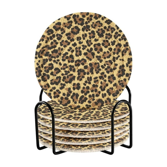 Qxltty Brown Leopard Drink Coasters with Holder 6pcs Handmade Woven Simple Vintage Saucer Set