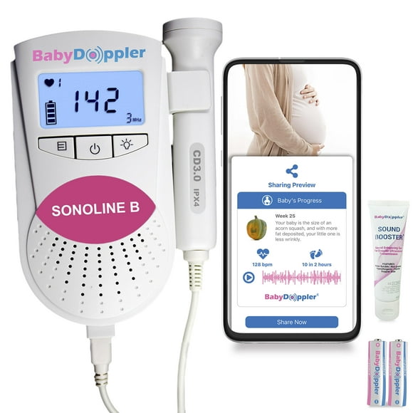 Sonoline B Fetal Doppler Baby Heart Rate Monitor Pink 3MHz Probe, Baby Heart Monitor, Backlight LCD, Gel by Baby Doppler