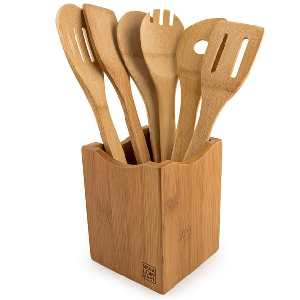 MEGALOWMART 7 Piece Natural Bamboo Wood Kitchen Utensils & Holder Set