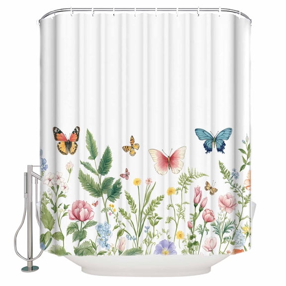 Shower Curtain Bathroom Set Spring Butterfly Floral Wildflowers Waterproof Fabric Shower Curtains with Grommets&Hooks Green Leaves Plant on White Privacy Bath Curtain for Bathtub 36x72in