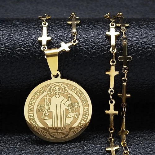 Catholic Saint Benedict Medal 14K White Gold Necklace for Women Men Gold Color Jesus Cross Chain Jewelry san benito