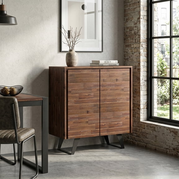 Simpli Home Lowry 39 inch Wide Solid Acacia Wood Modern Industrial Medium Storage Cabinet in Distressed Charcoal Brown