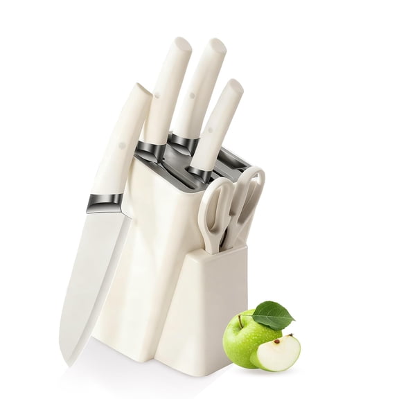 6-Piece White Kitchen Knife Set with Block, Stainless Steel Cutlery Set, Ultra-Sharp Chef Knives, Rust-Resistant Knives, Ideal Housewarming Gift