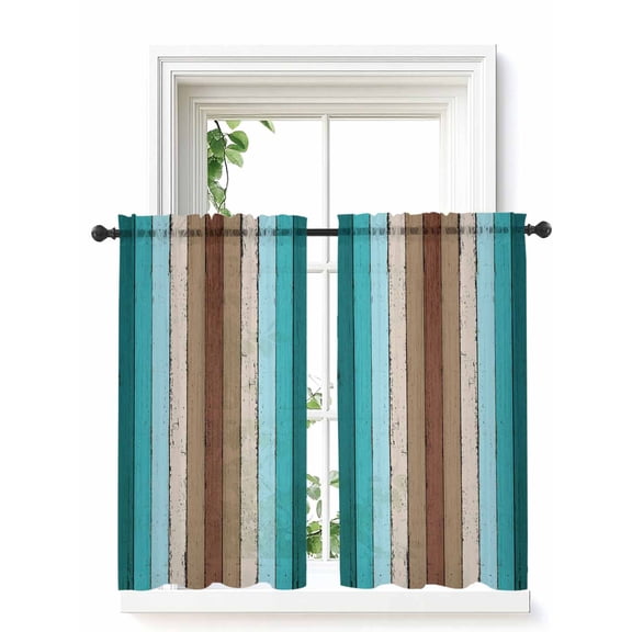 Aqua Teal Curtains 54 Inch Length,Sheer Curtains for Bedroom Living Room Window Farmhouse Wood Grain Vintage Brown Striped Rod Pocket Voile Drapes Kitchen Curtains Small Half Window 52"x54" 2 Panels
